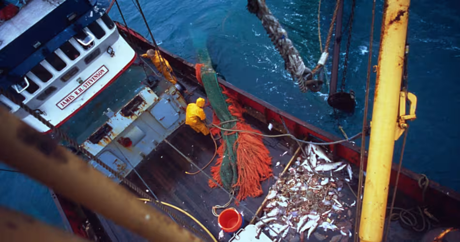 Un bateau de pêche utilisant un chalut profond remonte ses filets dans l'océan Atlantique Nord