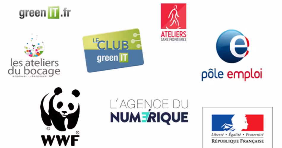 Logos des partenaires de l'opération REEboot : Pôle emploi et l’Agence du Numérique en partenariat avec le WWF France, les Ateliers du Bocage, Ateliers Sans Frontières,  et Green IT