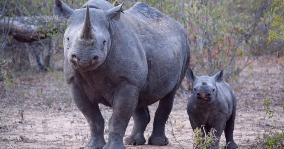 Rhinocéros noir (Diceros bicornis) et son rhinocéron, réserve Thornybush, Afrique du Sud