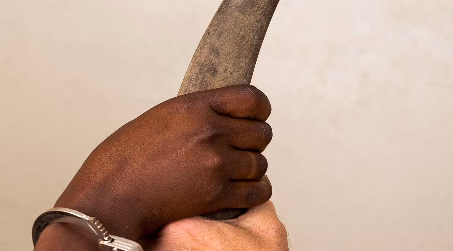 Mains captives tenant une corne de rhinocéros, Ol Pejeta. Kenya, Afrique