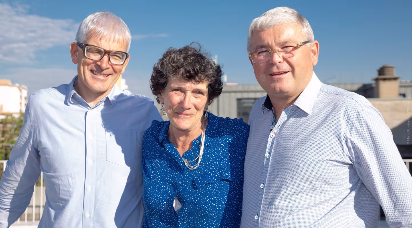 Vincent Riou, Isabelle Autissier et Jean-Jacques Laurent, dans les locaux du WWF