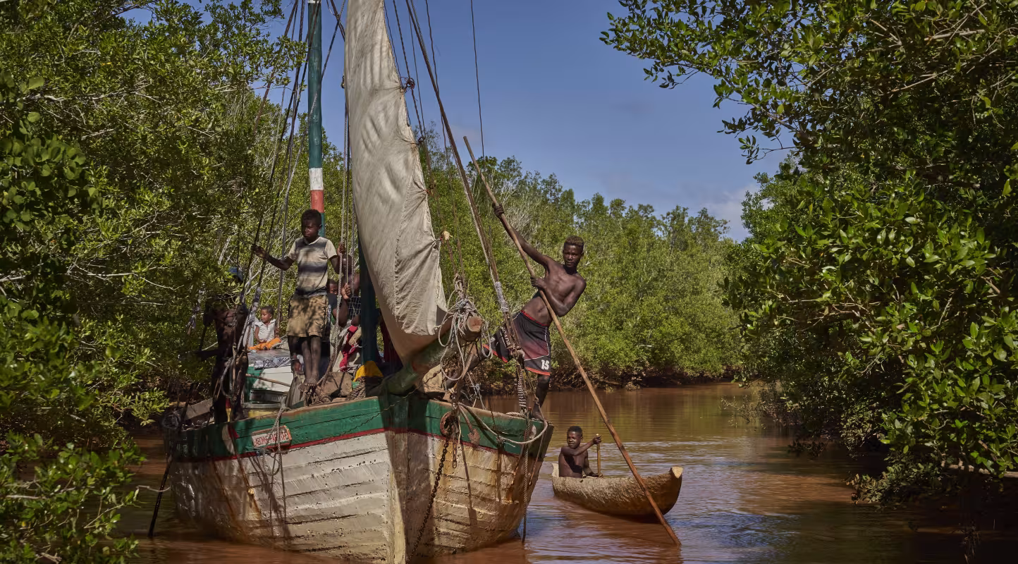 Un bateau de pêche navigue autour des mangroves dans le delta du Manambolo (Madagascar)